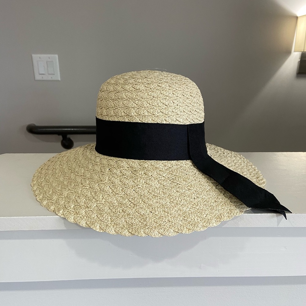 Wide Brim Floppy Beach Hat with Black Ribbon Trim - Picture 2 of 8